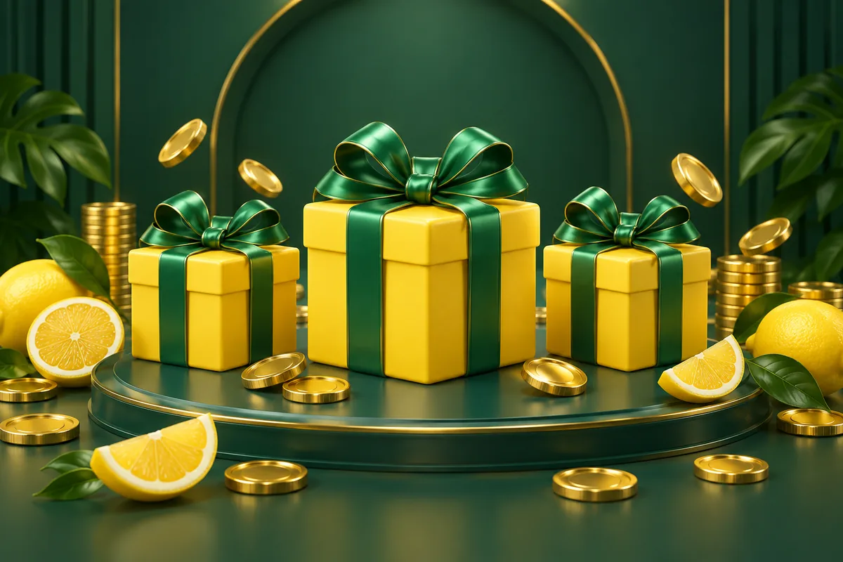 Trzy karty pakietu powitalnego Lemon Casino z wysokością bonusu i warunkami obrotu